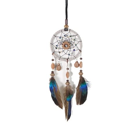 Rearview mirror dream catcher with natural feathers for car interior decoration, energy balance, and protective travel use.