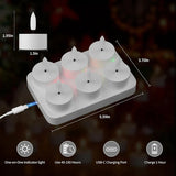 Rechargeable Flameless Tea Lights with Remote charging base for USB-C charging, battery indicator display, and cordless recharging.