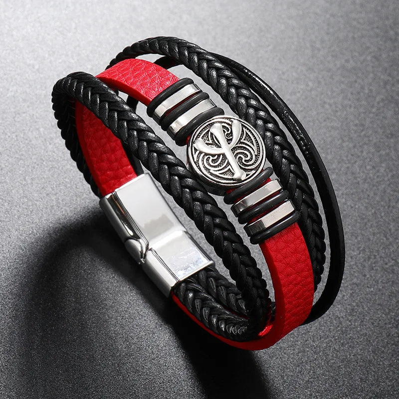 Red and black punk cuff bracelet for edgy streetwear, music events, and rebellious fashion styling.