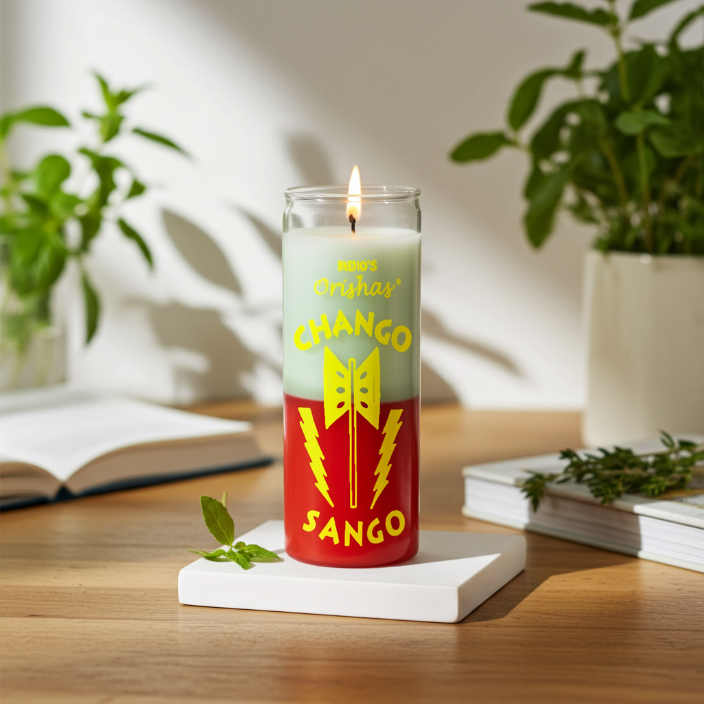 CHANGO-ORISHAS red and white 7 day candle in glass jar for prayer, offering rituals, and sacred space use.