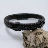 Red black alternative leather wrist cuff bracelet for streetwear fashion, concert outfits, and bold accessory use.