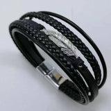Red black leather bracelet cuff for punk fashion, clubwear styling, and edgy unisex accessory use.