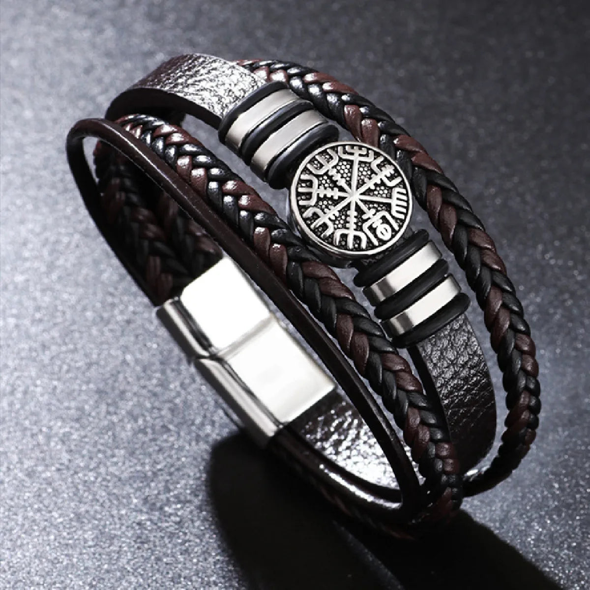 Red black leather cuff bracelet for biker style outfits, rugged fashion looks, and edgy accessory styling.