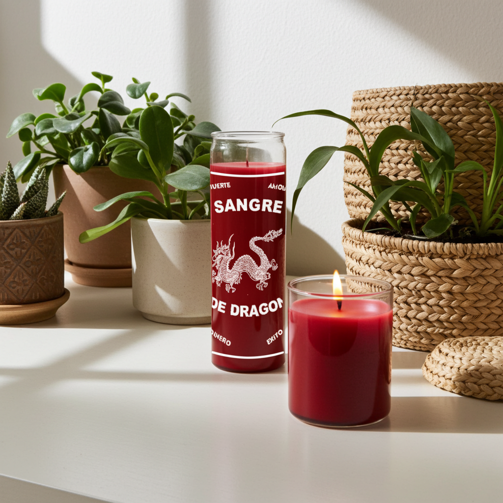 Dragons Blood red jar candle for prayer work, energy clearing, and spiritual ritual use.