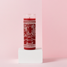 Red Hummingbird Chuparrsa 7 day candle in tall glass container for altar work, spiritual focus, and ritual practice.