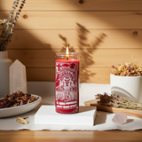 Red Indian Spirit 7 day prayer candle in tall glass for altar work, meditation, and spiritual practice.