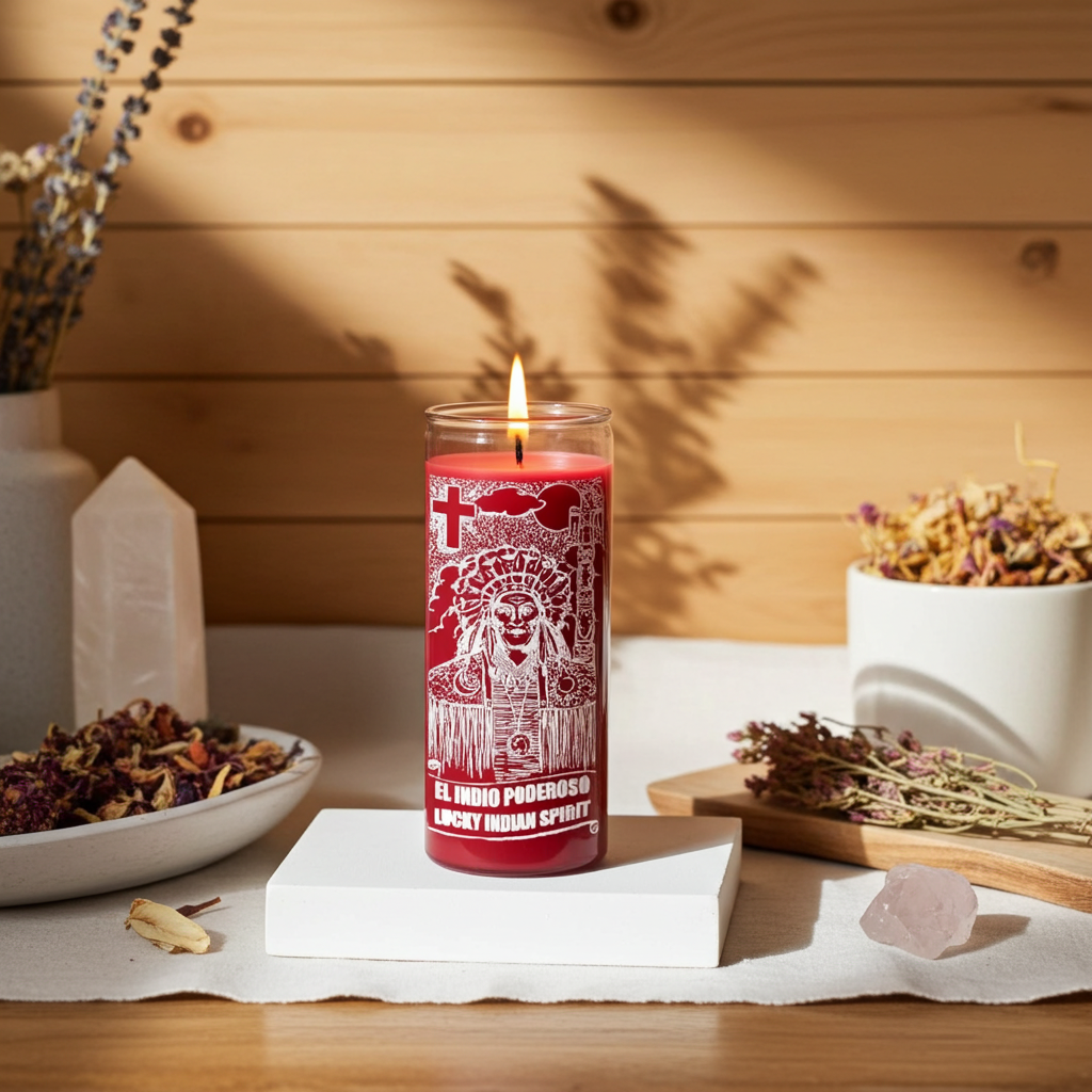 Red Indian Spirit 7 day prayer candle in tall glass for altar work, meditation, and spiritual practice.
