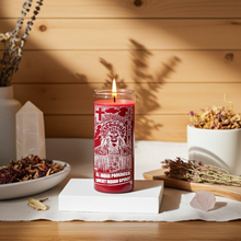 Red Indian Spirit 7 day prayer candle in tall glass for altar work, meditation, and spiritual practice.
