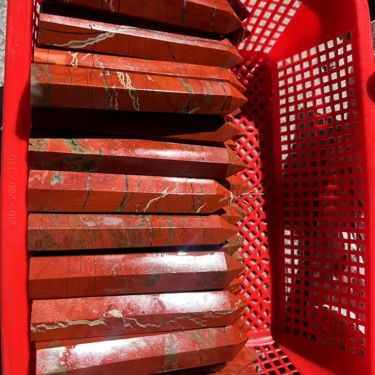 Red Jasper standing crystal obelisk for root chakra work, grounding intention, and sacred space decor.