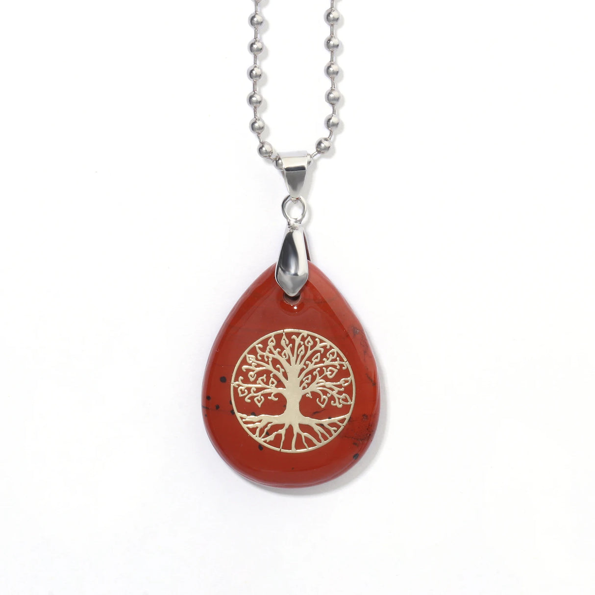 Red Jasper wire wrapped Tree of Life necklace with chain for crystal fashion wear, meditation, and spiritual use.