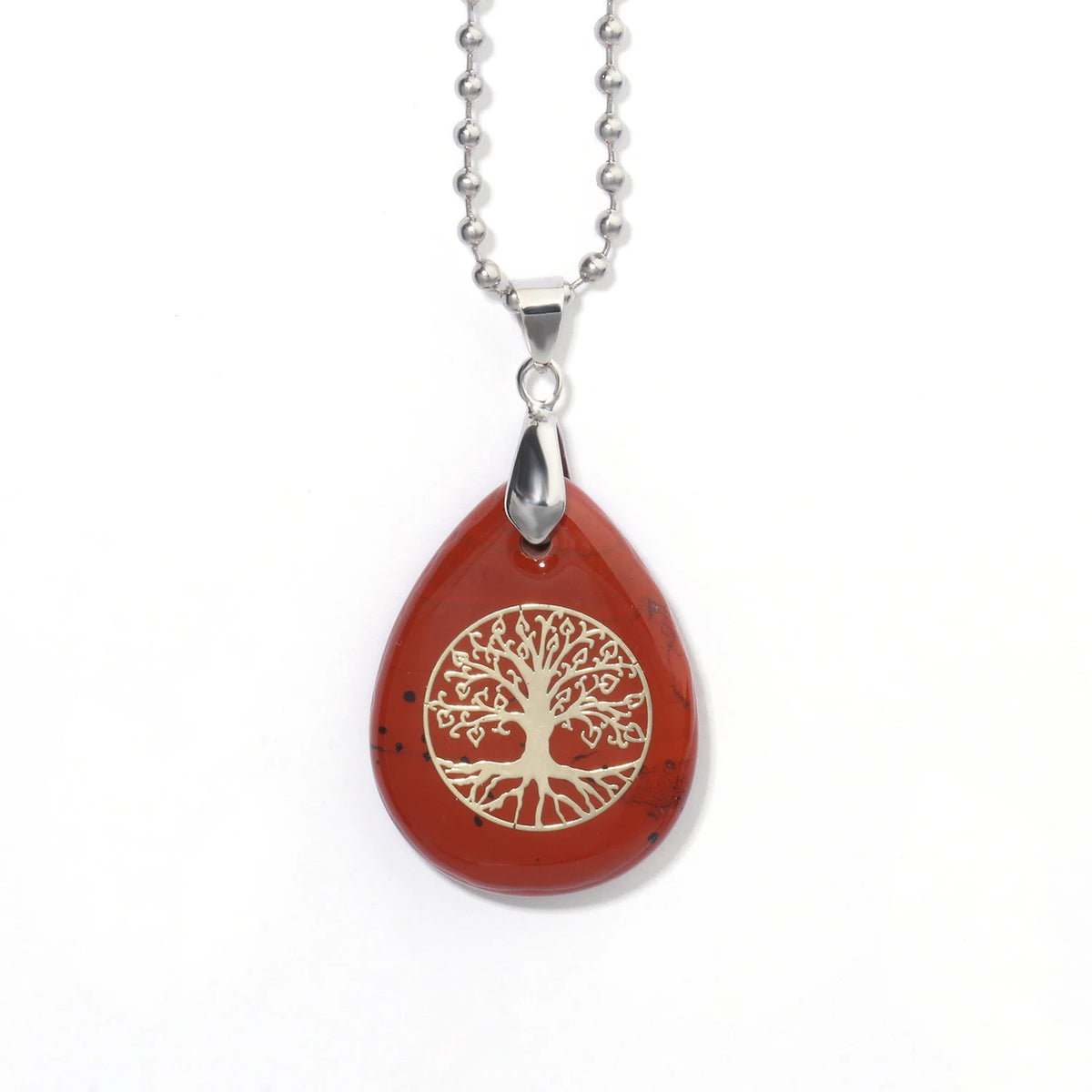 Red Jasper wire wrapped Tree of Life necklace with chain for crystal fashion wear, meditation, and spiritual use.