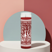 Lonely Soul red prayer candle in glass container for meditation, petition work, and ceremonial use.
