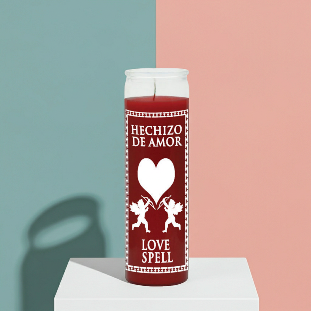 Love Spell red 7 day prayer candle in glass for love drawing, relationship rituals, and devotional practice.