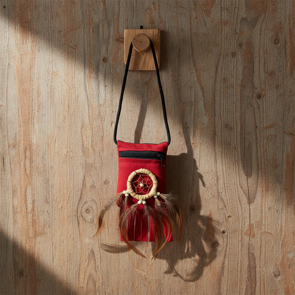 Red pouch dream catcher for carrying small items, dreamwork, and protective charm use.