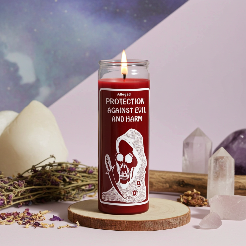 Protection from Evil red prayer candle in glass for warding off negativity, spiritual defense, and devotional practice.