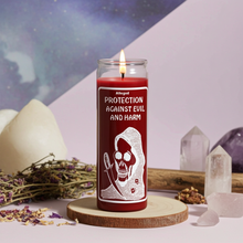 Protection from Evil red prayer candle in glass for warding off negativity, spiritual defense, and devotional practice.