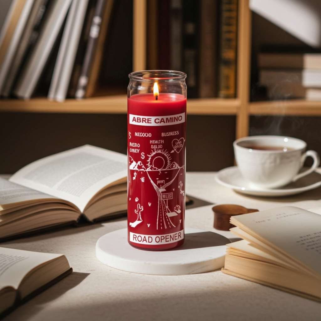 Red Road Opener 1 color 7 day candle glass candle for obstacle removal, intention setting, and ceremonial practice.