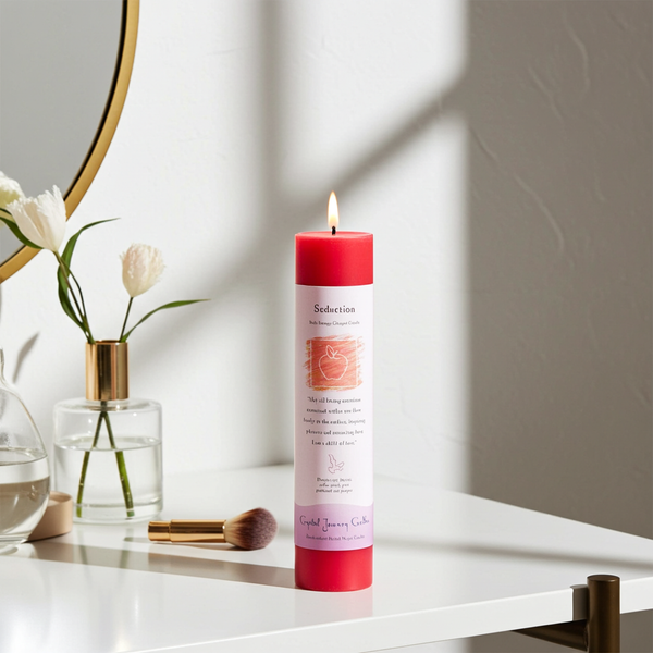 Reiki Herbal Pillar Candle Seduction pillar candle for attraction rituals, sensual intention setting, and spiritual ambiance.