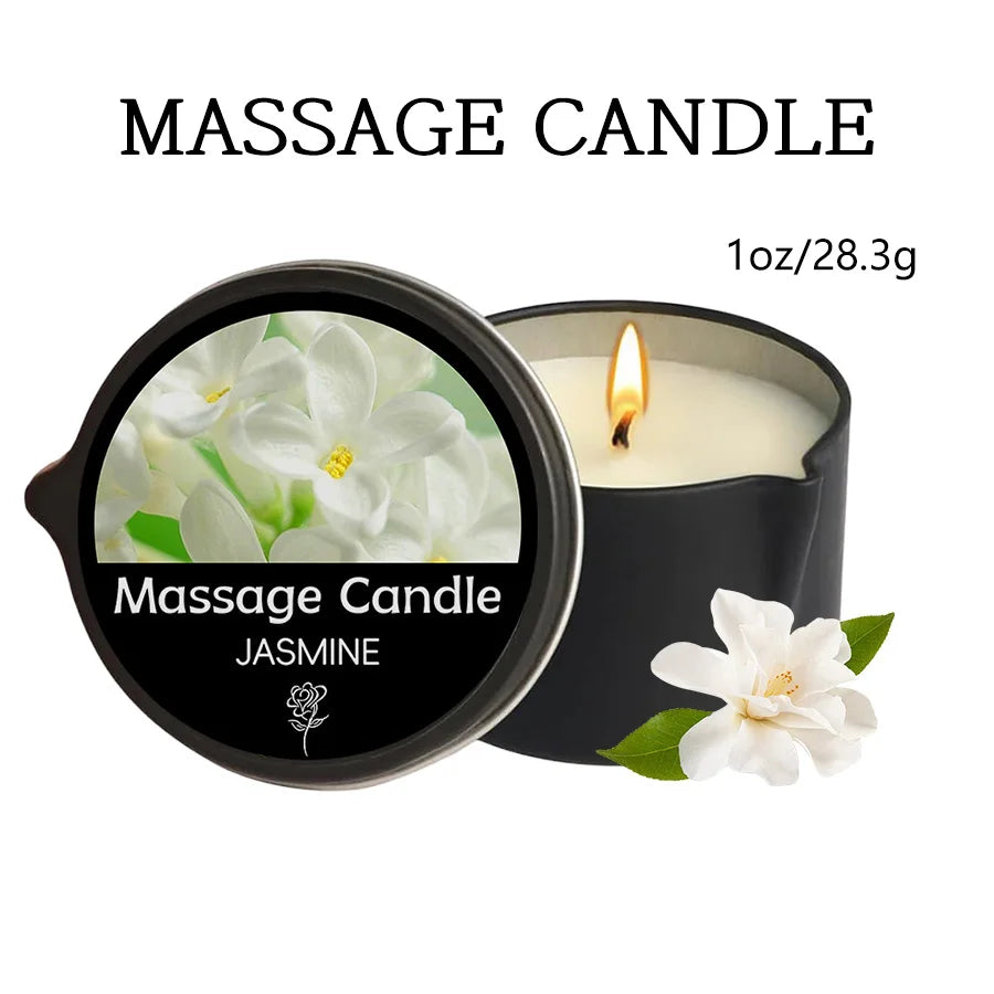 Relaxation massage candle with essential oils in a warming wax jar for stress relief, body massage, and calming evening routines.