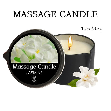 Relaxation massage candle with essential oils in a warming wax jar for stress relief, body massage, and calming evening routines.