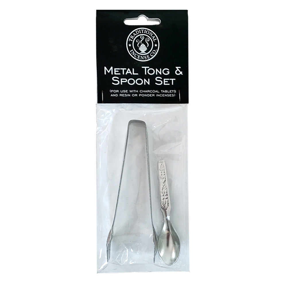 Resin and powder tong and spoon set front view for handling incense resin, herbs, and charcoal safely.