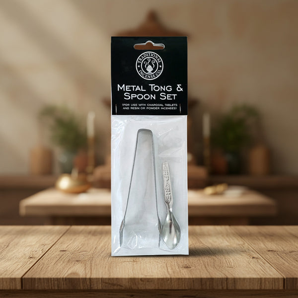 Resin and powder tong and spoon set front view for handling incense resin, herbs, and charcoal safely.
