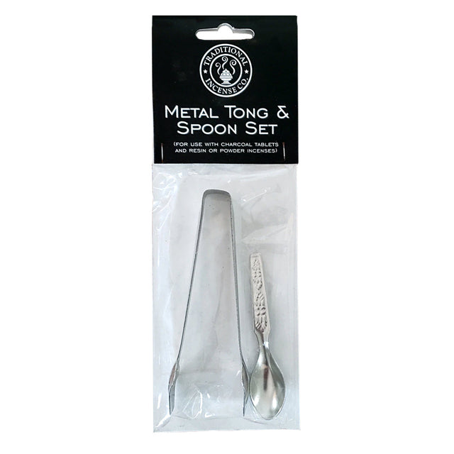 Resin and powder tong and spoon set front view for handling incense resin, herbs, and charcoal safely.