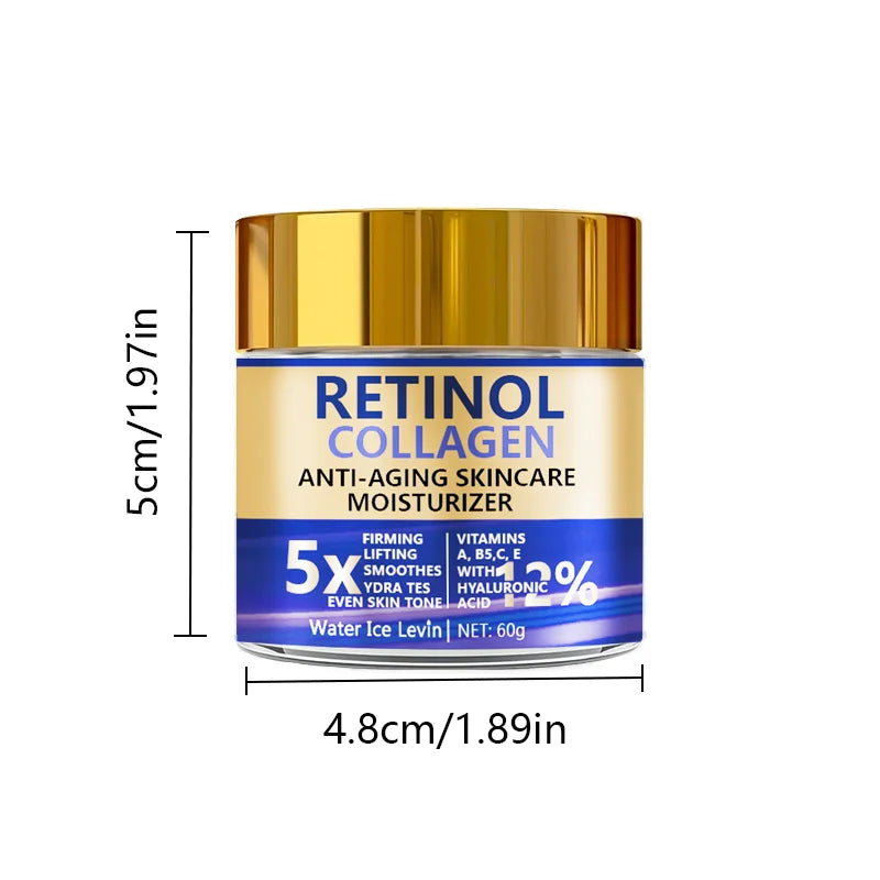 Retinol & Collagen face cream jar with hyaluronic acid for moisturizing, improving skin firmness, and softening fine lines.
