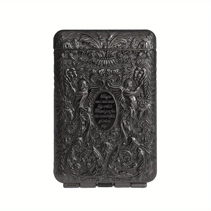Retro engraved metal cigarette case for pocket carry, cigarette protection, and convenient everyday storage.