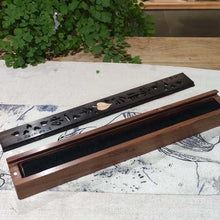 Retro handmade incense burner box with black wood finish for incense burning, aromatherapy, and calming room ambiance.