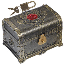 Retro style plastic treasure chest lock box for securing small toys, souvenirs, and personal treasures.