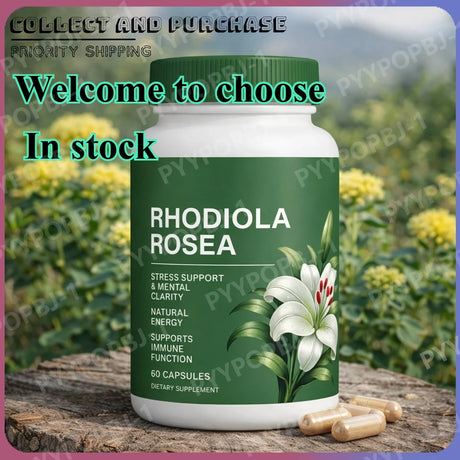 Rhodiola Rosea 500mg capsules bottle herbal supplement for daily stress support and energy balance.