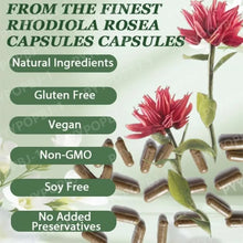 Rhodiola Rosea capsules bottle herbaceous plant extract supplement for daily wellness, stress support, and energy balance.