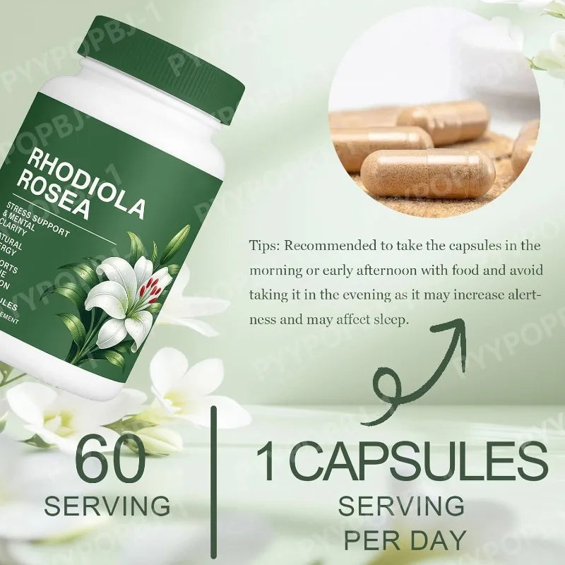 Rhodiola Rosea daily support capsules bottle herbal formula for stress support and balanced energy use.