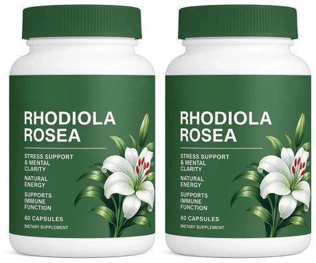 Rhodiola Rosea herbal capsules bottle 500mg supplement for energy balance, daily support, and stress relief routines.