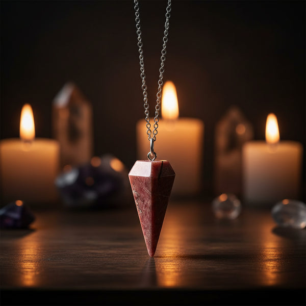 Rhodochrosite 6-sided faceted pendulum on a 9-inch chain for dowsing