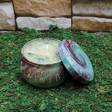 Ritual meditation tin candle with crystals for mindfulness, energy balancing, and sacred practice.