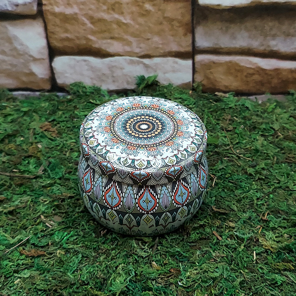 Ritual spell tin candle with crystals for spellwork, manifestation, and ceremonial use.