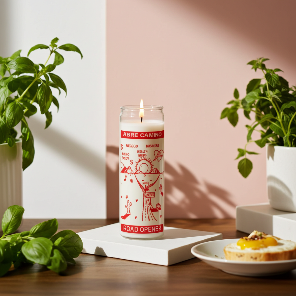 Road Opener 7-Day white prayer candle in glass for spiritual obstacle removal, path opening, and fresh start rituals.