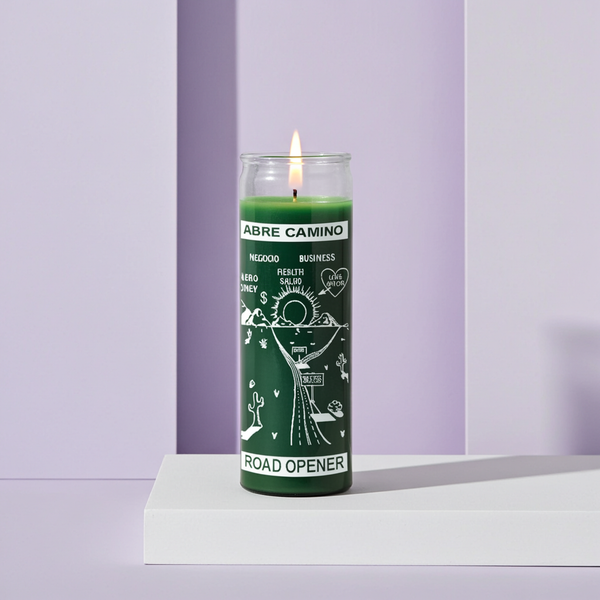 Road Opener Abre Camino green 7 day candle in glass jar for spiritual road opening, obstacle removal, and ritual prayer use.
