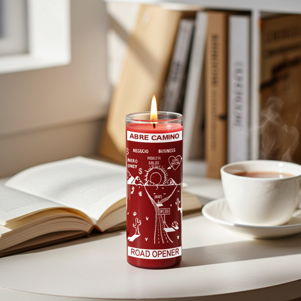 Road Opener red 7 day candle in glass jar for spiritual road opening, prayer, and ritual use.