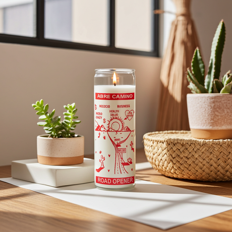 Road Opener White 7-Day Candle glass prayer candle for clearing obstacles, opening paths, and supporting new beginnings.