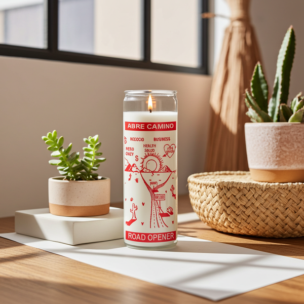 Road Opener White 7-Day Candle glass prayer candle for clearing obstacles, opening paths, and supporting new beginnings.