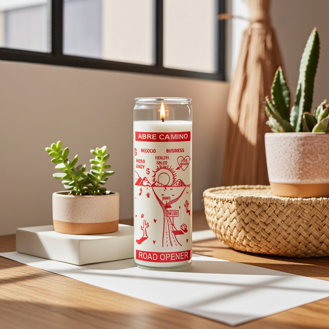 Road Opener White 7-Day Candle glass prayer candle for clearing obstacles, opening paths, and supporting new beginnings.