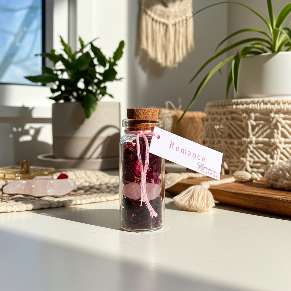Romance Pocket Spellbottle charm bottle for love drawing, romantic energy work, and manifestation practice.