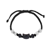 Moonstone and obsidian romantic cat bracelet pair for couples, Valentine gifting, and meaningful matching jewelry wear.