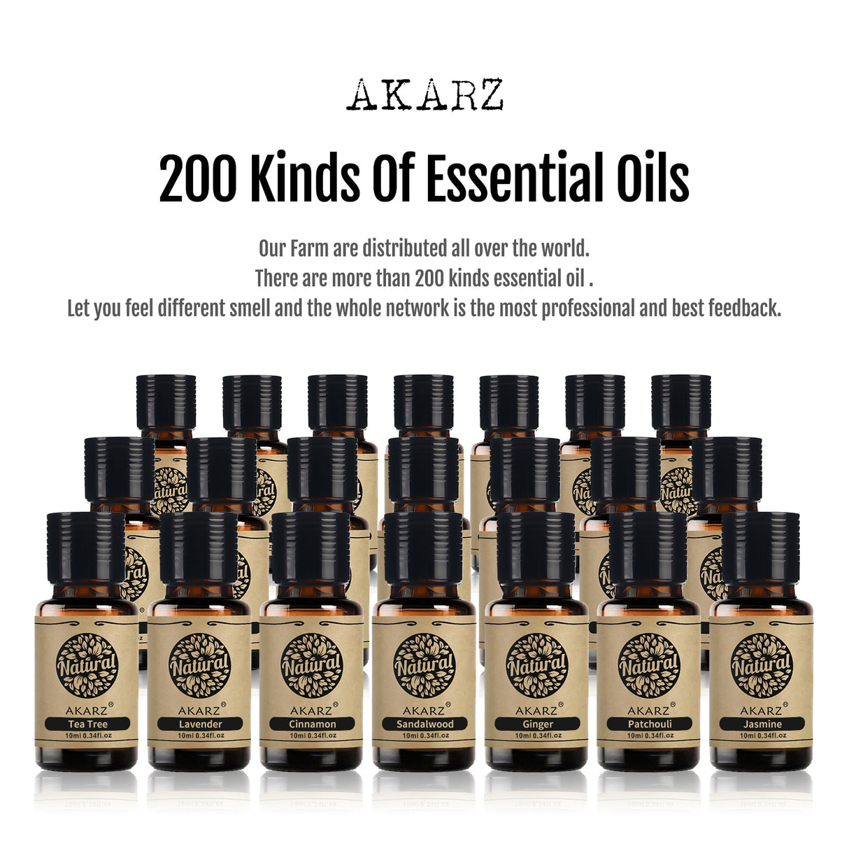 Multiple bottles of AKARZ essential oils with a promotional text about 200 kinds of essential oils.