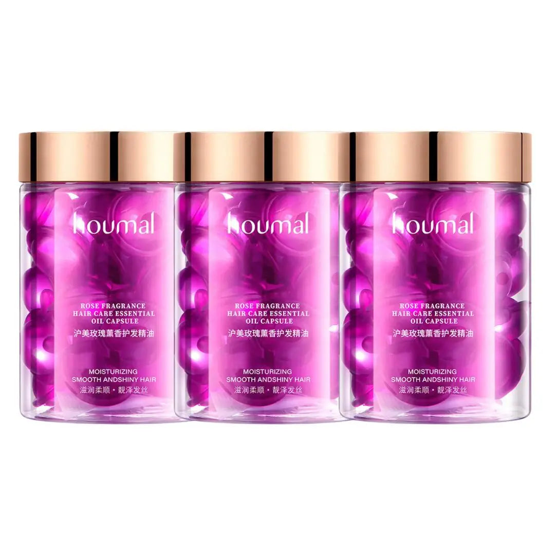 Rose Essence Hair Serum Capsules set with multiple bottles of hair care essential oil on white background.