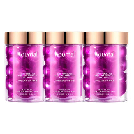 Rose Essence Hair Serum Capsules set with multiple bottles of hair care essential oil on white background.