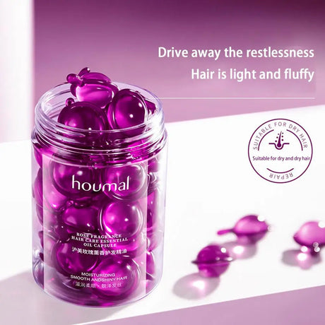 Rose Essence Hair Serum Capsules jar packaging with purple capsules on pink background.
